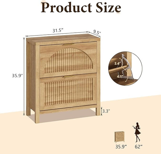 YOMILUVE Shoe Storage Cabinet for Entryway, Fluted Shoe Cabinet with 2 Flip Drawers, Hidden Shoe Rack Slim Freestanding Hidden Shoe Organizer for Foyer, Hallway, Oak