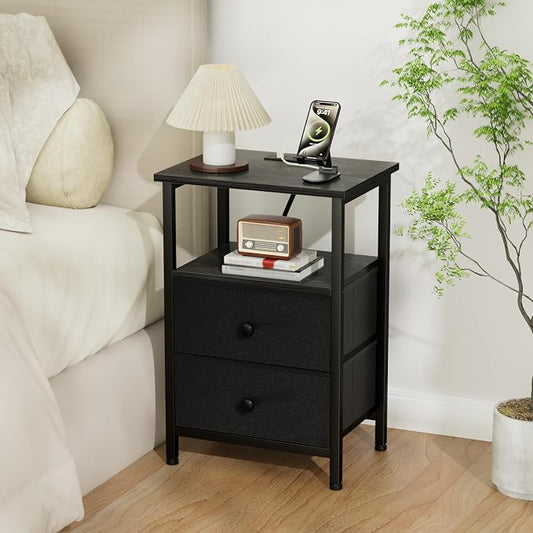 LOAKEKEL Night Stand, Nightstand with Charging Station, Slim Industrial Bedside Table with 2 Fabric Drawers, Small End Table with USB & Type-C Ports for Bedroom, Black, HETS020BK-1