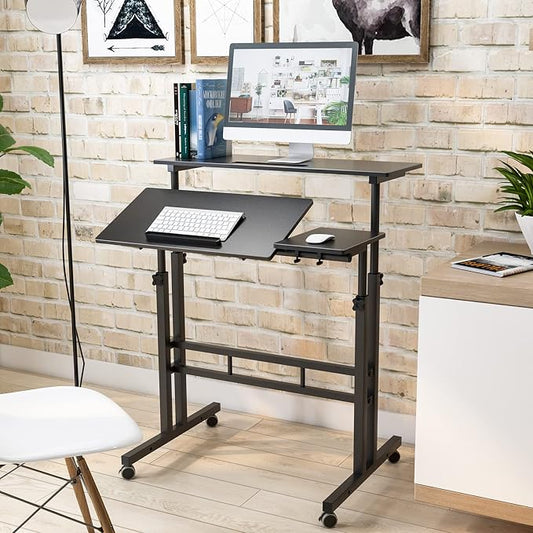 SogesHome 31.5 inches Adjustable Laptop Desk Table, Portable Computer Stand with Cart Tray and Computer Host Stand, Black