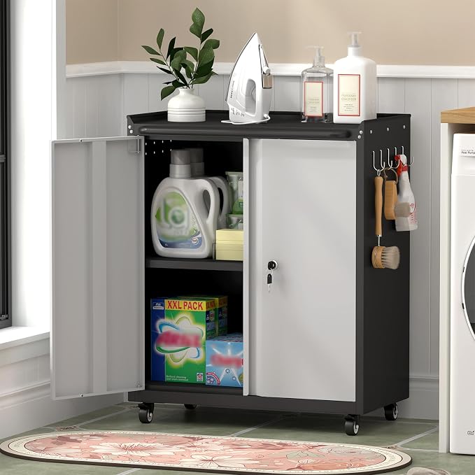 GREATMEET Garage Storage Cabinet with Wheels, Lockable Metal Storage Cabinet, Rolling Tool Cabinet with Adjustable Shelf, Push Handle for Shop, Home, Office, Black/Grey