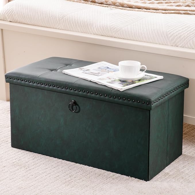oakvivo Folding Storage Ottoman Bench, Leather Foot Rest Stools with Rivet Design, 15" D x 30" W x 15" H, Ottoman with Storage End of Bed Bench Footstool for Living Room Bedroom, Load 330 lb, Green
