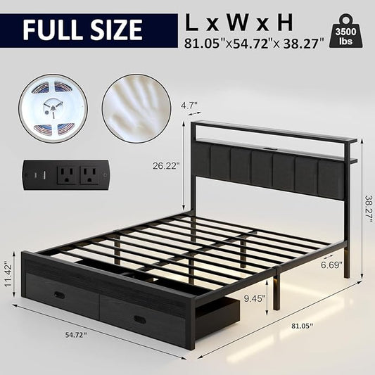Full Bed Frames with Storage Drawer, Platform Bed with Charging Station and LED Lights, Upholstered Headboard with 2-Tier Storage Shelves, No Box Spring Needed