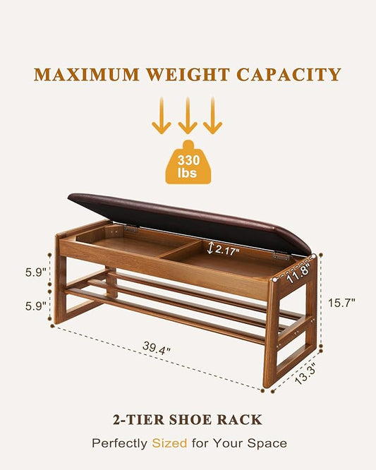 Shoe Rack Bench with Hidden Storage, 2-Tier Solid Rubberwood Entryway Bench with Soft Leather Cushioned Seat & Flip-Top Storage, 330lbs Capacity, Wooden Shoe Organizer for Hallway, Closet, Foyer