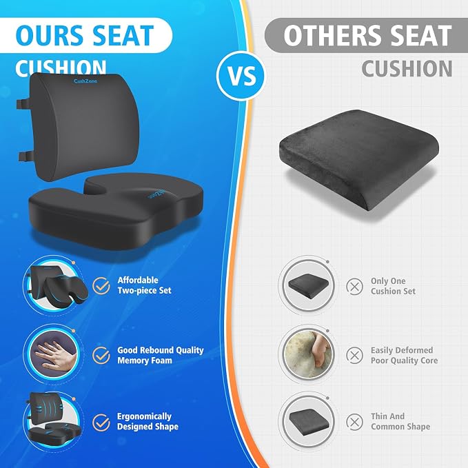 CushZone Seat Cushion, Lumbar Support Pillow with Adjustable Strap-Chair Cushions for Sciatica Pain Relief-with Washable Cover Memory Foam for Car, Travel and Wheelchair-Gray X-Large