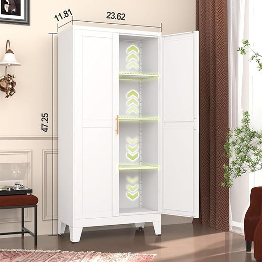 GAIOUS Metal Pantry Cabinet, Kitchen Pantry Storage Cabinets with 2 Door and 3 Adjustable Shelves, White Kitchen Pantry Cabinet, Freestanding Cupboard for Dining Room Living Room Bathroom