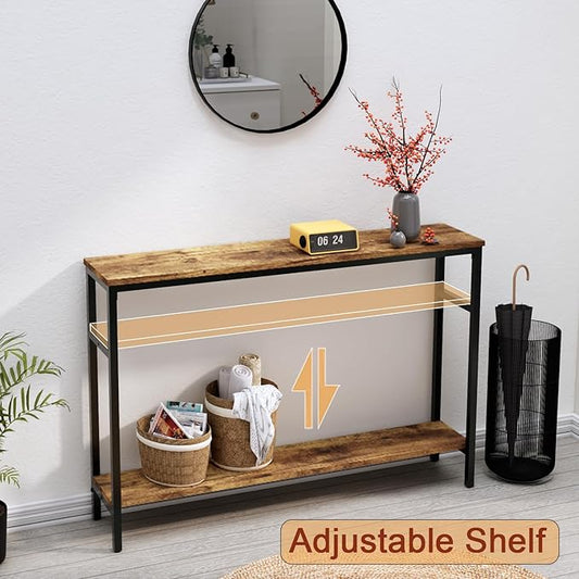 Timberer Narrow Console Table, 47 Inch Sofa Table with Adjustable Shelf, 2-Tier Long Skinny Table for Hallway, Entryway, Living Room, Foyer, Rustic Brown