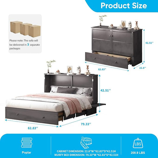 PUREMIND Queen Murphy Bed Cabinet, Murphy Bed with Mattress Included, Storage Drawer and Bedside Panel, Built-in Charging Station, Solid Wood Space-Saving Wallbed Hideaway Beds for Guest Room