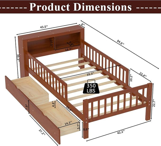 Bellemave Kids Twin Bed Frame with Fences, 2 Drawers & Storage Headboard, Twin Size Platform Bed with 3-Side Guardrails for Kids, Girls & Boys, Walnut