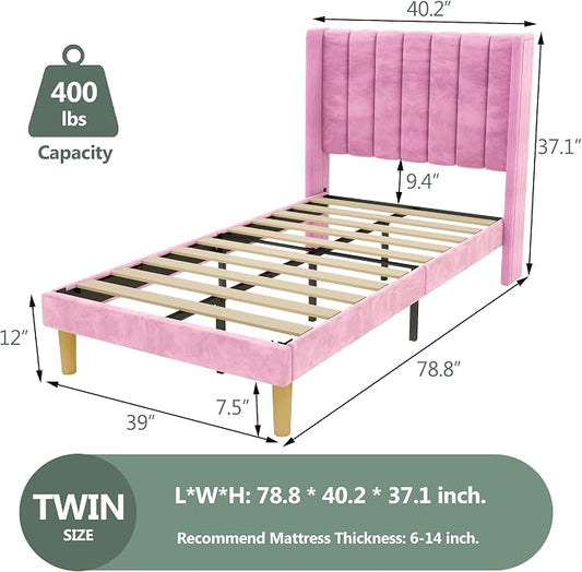 alazyhome Platform Bed Frame Twin Size with Upholstered Headboard, Solid Wood Slats Support, No Box Spring Needed, Noise Free, Easy Assembly, Modern Velvet Bed, Pink
