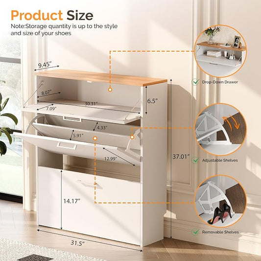 VINGLI Shoe Cabinet for Entryway, Slim Shoe Rack Storage Organizer with 3 Flip Drawers, Modern White Hidden Shoe Shelf with Oak Top, Narrow Free Standing Sneaker Cabinet for Hallway, 9.5" Depth