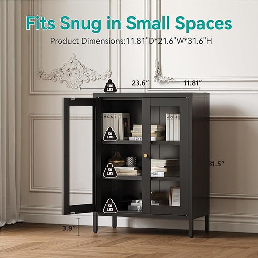 Small Metal Cabinet with Glass Doors,Display Storage Cabinet with 2 Adjustable Shelves for Bathroom Entryway Living Room Dining Room Kitchen,3-Tier,11.8" D x 23.6" W x 31.5" H, Black