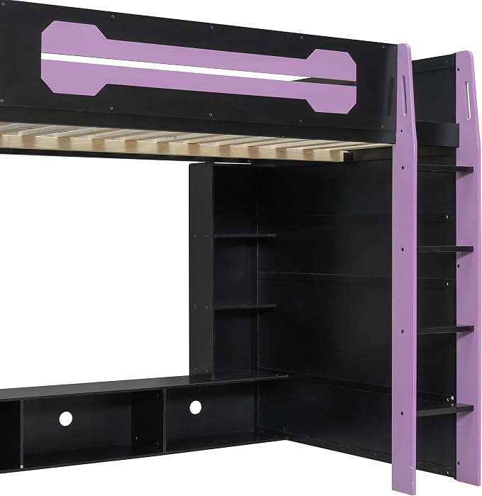 Merax Full Size Loft Bed with Desk, Multi-Storage Shelves and RGB Light | Space-Saving Wooden Gaming Bed Frame with Charging Station and Guardrail