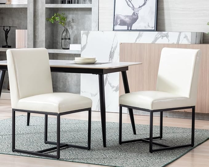 CIMOTA Modern Dining Chairs Set of 8, Leather Dining Room Chairs Upholstered Armless Guest Side Chair with Black Base for Dining Room/Kitchen, Cream 8PCS