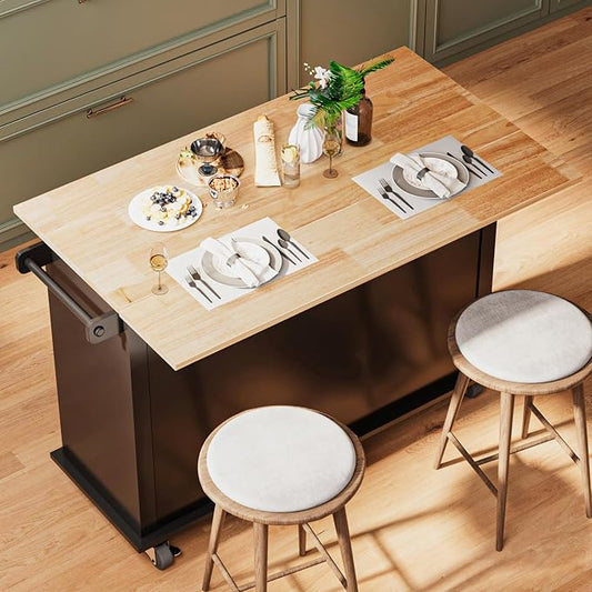 JassmiPkwy 51.2'' Rolling Kitchen Island Cart with Drop Leaf Countertop, Kitchen Carts on Wheels with Storage, 2 Drawers, Towel Rack Island for Dining Room, Black