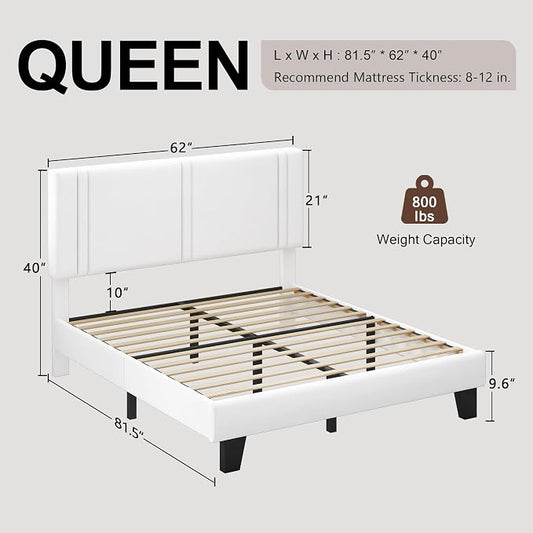 Einhomn Upholstered Queen Size Bed Frame with Velvet Fabric Headboard, Strong Wooden Slats Support, Noise Free, No Box Spring Needed, White