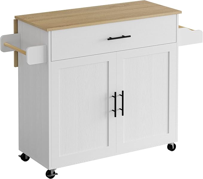 IRONCK Rolling Kitchen Island Table on Wheels with Drop Leaf, Storage Cabinet, Drawer, Spice/Towel Rack, Kitchen Cart, 47.25" Wide White