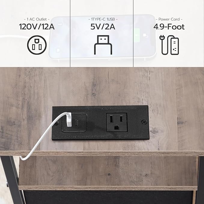 HOOBRO End Table with Charging Station, Narrow Side Table, Nightstand with 2 Non-Woven Drawers, Slim Sofa Side Table, for Small Spaces, Living Room, Bedroom, Greige and Black BG486UBZ01