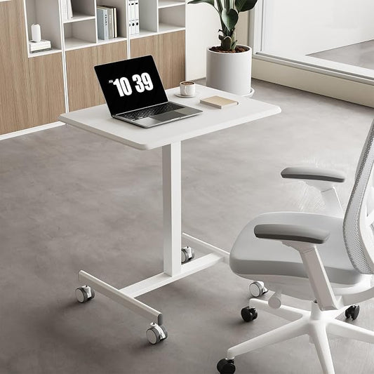 OLIXIS Mobile Rolling Desk with Wheels Small Standing Laptop Desks Portable Pneumatic Adjustable Height Sit Stand Table Computer Workstation for Home Office White