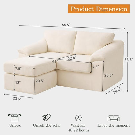 L Shaped Boneless Couch, Modern Loveseat Sofa with Ottoman, Floor Cloud Couch Sets with Extra Comfy Soft Deep Seats for Living Room, Apartment, No Assemby, Beige