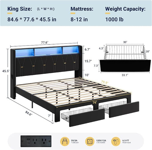 Allewie King Bed Frame with 2-Tier Storage Headboard, Charging Station & LED Lights, Velvet Upholstered Platform Bed with 2 Drawers, Wingback Headboard, Gold Button Tufted, No Box Spring Needed, Black