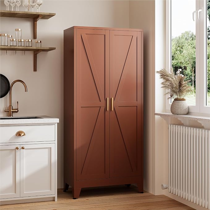 Farmhouse Pantry Cabinet with Barn Doors, 71" H x 31.5" W, 5-Tier Metal Storage Cabinet with 4 Adjustable Shelves for Kitchen Garage Dining Room,Brown 1 Pack