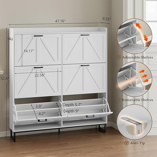 BORNOON Shoe Cabinet with 6 Flip Drawers Narrow Shoe Storage Cabinet Organizer Wooden Freestanding Shoe Rack Hidden Slim Shoes Storage Cabinet for Entryway, Hallway, Living Room, Bedroom