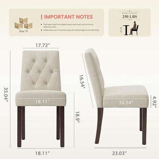 Upholstered Dining Chairs Set of 6 - Modern Parsons Kitchen & Dining Room Chair with Diamond Tufted Back, Solid Wooden Legs for Apartment, Café, Vanity