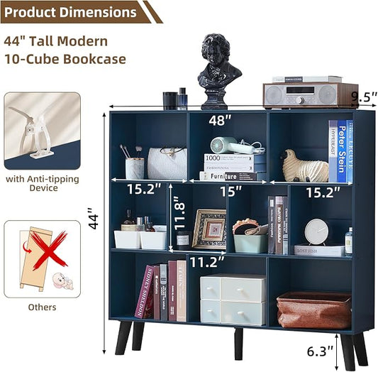 LEYAOYAO 10 Cube Bookshelf,3 Tier Modern Wide Bookcase with Legs,Mid-Century Wood Bookshelves Storage,Dark Blue Large Book Case,Freestanding Organizer Display Shelf for Bedroom,Living Room,Office