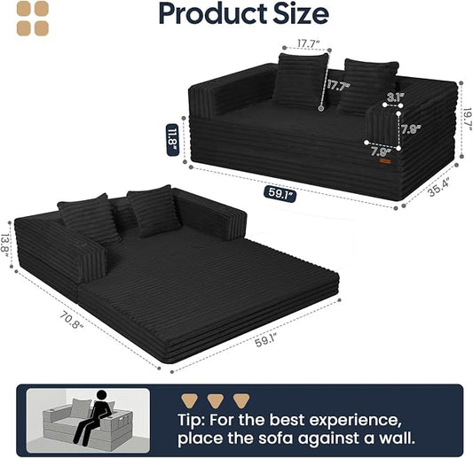 COMAX Futon Sofa Bed, Convertible Sofa Bed, Folding Boneless Couches | Boneless Couch for living room, Fold Out Small Foldable Loveseat Floor Sleeper Mattress Lounge Space‑Saving, Jet Black
