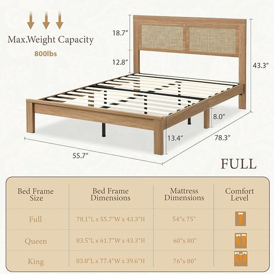 XIAO WEI 3-Piece Boho Bedroom Furniture Set, Full Wood Bed Frame with Tall Rattan Headboard, Night Stand Set of 2 with Charging Station, Modern Bedroom Furniture Set