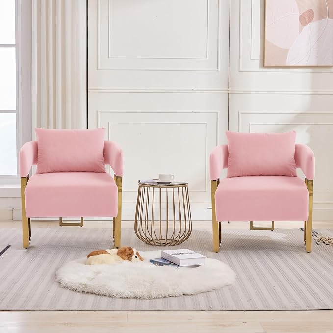 YISHENG Modern Barrel Accent Chairs Set of 2, Living Room Side Chairs with Golden Metal Legs Velvet Upholstered Reading Armchairs no Wheels for Vanity/Reception Room//Bedroom/Lounge/Office, Pink