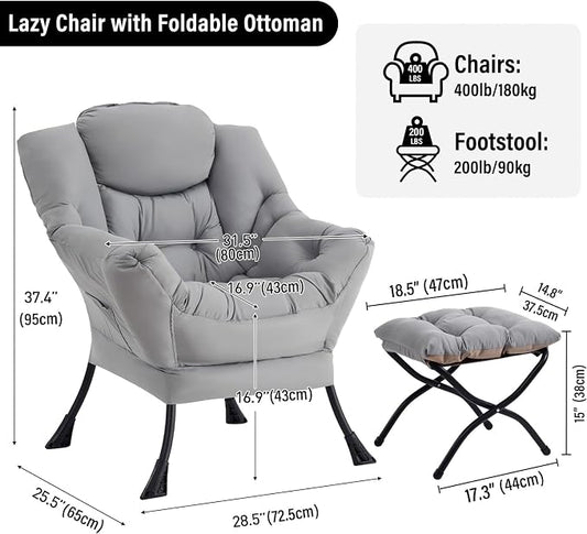 Furlide Lazy Chair with Ottoman, Modern Accent Chairs with Folding Footrest, Light Grey Sofa Chair Set, Comfortable Reading Chairs, Oversized Armchairs for Bedroom, Study, Living Room, Courtyard