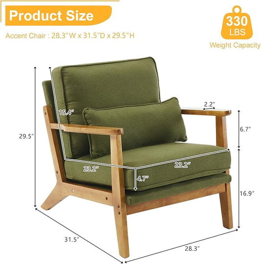 Karl home Mid-Century Lounge Accent Chair, Green | Wide Curved Armrest, Linen Fabric, Lumbar Pillow Included, Solid Wood Frame, For Living Room, Bedroom, Balcony, Apartment