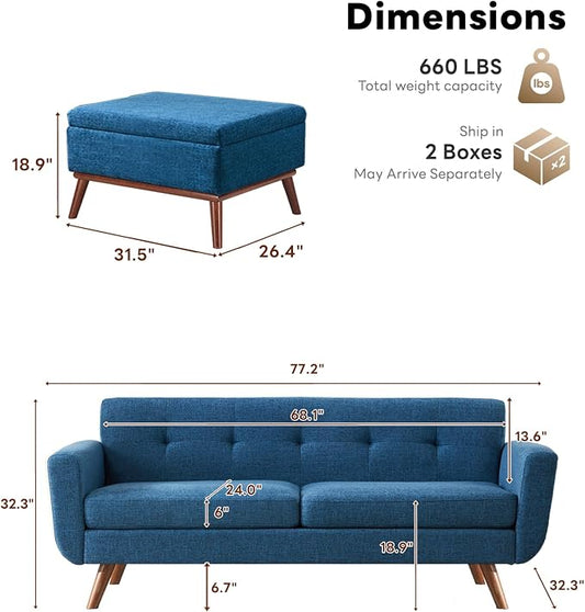 Tbfit Mid Century Modern Sofa, Loveseat Couch, Blue, Standard Sofa & Ottoman | linen fabric