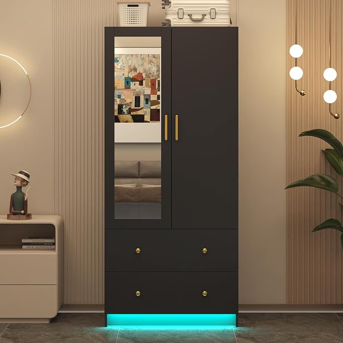 jiteentarou 2 Door Wardrobe Closet with Mirrors and LED Lights, Small Bedroom Armoire with Drawers, Modern Wooden Armoire Wardrobe Closet with Hanging Rod for Bedroom, Black