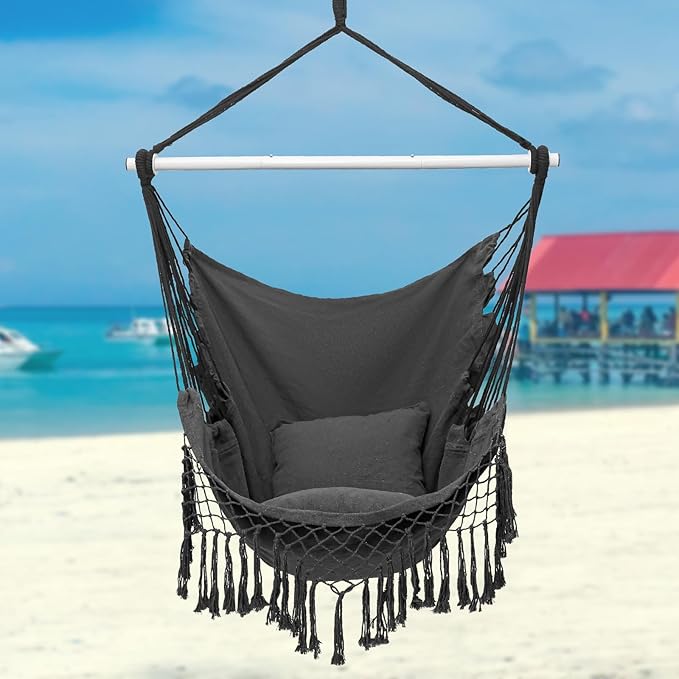 Hammock Chair, Hanging Rope Swing Seat with 2 Cushions,Macrame Hanging Chair Side Pocket with High Load-Bearing Metal Rod,for Indoor, Outdoor, Extra Comfortable (Dark Grey)
