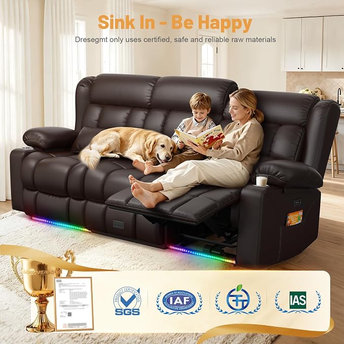 Dresegmt Power Loveseat Recliner Sofa, Zero Wall Hugger RV Reclining Loveseat Couch with Flip Middle Backrest Design, 3 Seat Reclining Sofa with Storage Drawer, Power Recliner for Living Room (Brown)