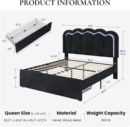 SHA CERLIN Upholstered Queen Size Bed Frame with LED Lights and Large Storage Drawer, Velvet Platform Bed with Adjustable Wavy Headboard, Noise Free, Easy Assembly, No Box Spring Needed, Soft Black