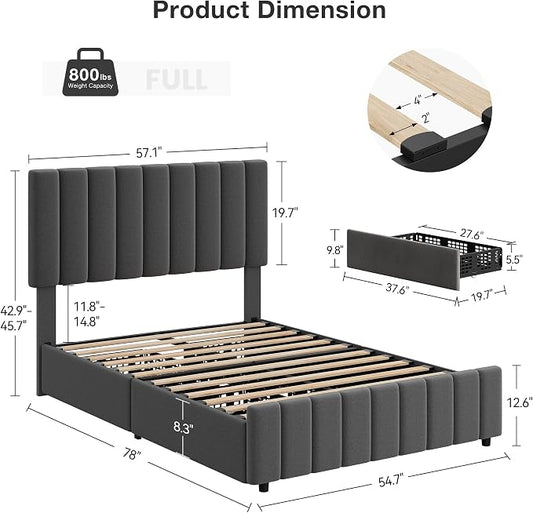 IDEALHOUSE Full Upholstered Bed Frame with 4 Storage Drawers, Adjustable Headboard and Wooden Slats Support, No Box Spring Needed, Grey