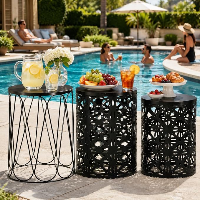 HFHOME Set of 3 Metal Outdoor Side Table, Nesting Round Coffee Table for Indoor Outdoor, Heavy Duty End Tables Plant Stand Living Room Garden Stool - Black