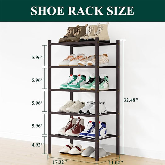 Smiry Small Bamboo Shoe Rack, 5 Tier Free Standing Wooden Shoe Organizer, Stackable Wood Shoe Storage Shelf for Closet, Entryway, 12 Vertical Slats, 2+2+1 Stack Standard Legs, 17.3"x11"x32.5", Brown