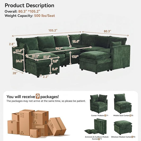 105" Green Modular Storage Sofa, U Shaped Chenille Couch with 2 Ottomans | Oversized Convertible Sectional Sofa, 6-Seat Sectional Couch With 2 Ottomans, Large Cloud Couch For Living Room, Apartment.