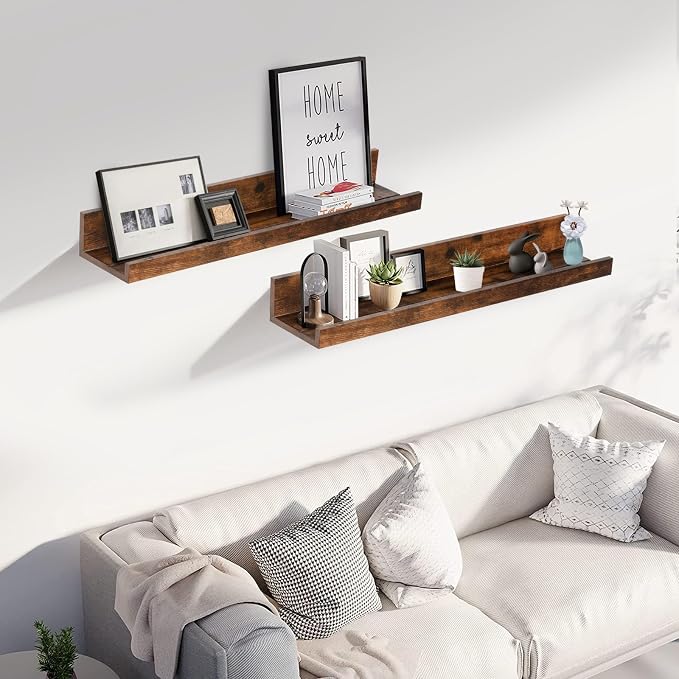 Muzilife 24" Small Floating Wall Ledge Shelves with Lip - Set of 2 Wood Floating Shelves - Walnut Brown Wall Mounted Picture Ledge for Office, Bathroom, Bedroom, Living Room, Kitchen
