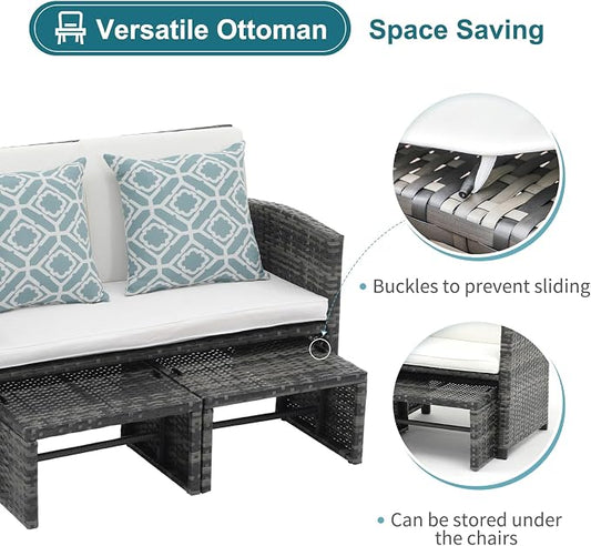 OC Orange-Casual Patio Furniture Set,3 Pieces Outdoor Wicker Conversation Loveseat with Ottomans for Porch, Gray Rattan White Cushions