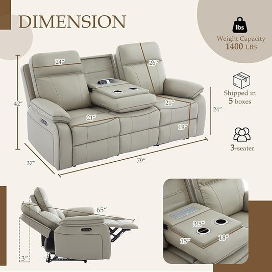 Power Reclining Sofa with Fold Down Table, Breathable Leather Electric Reclining Couch, Power Loveseat Recliner Sofa with Cup Holders/Outlets/USB-C/A Ports for Living Room(Grey, 3 Seat)