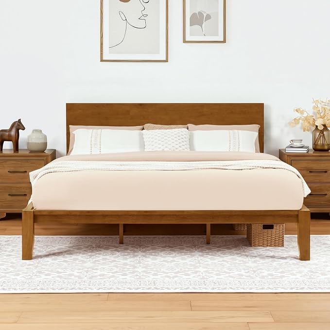 Softa Mikor King Japanese Joinery Bed Frame with Headboard, Solid Rubberwood, 1500 Lbs Heavy Duty Slats Support, SGS Certified, No-Tool Setup, Hidden Storage, USB-A/C Port, No Box Spring Needed