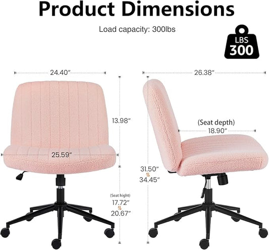 OLIXIS Criss Cross Chair with Wheels Wide Cross Legged Office Desk Vanity Chair Comfy Fabric Armless Adjustable Swivel for Home Computer Task Teddy Pink