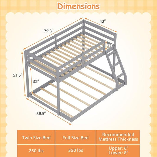KOMFOTT Low Bunk Bed Twin Over Full, Solid Wood Twin Bed Frame with Built-in Ladder & Safety Guardrails, Space-Saving Low Bunk Bed for Kids, Teens, No Box Spring Needed