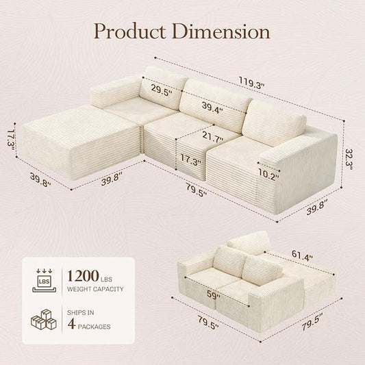 Vesgantti 119" L-Shaped Modular Sectional Sofa, Corduroy Cloud Couch with Deep Seating & Spring Support, Flexible Layout Sofa with Ottoman, Boneless Style, No Assembly Required, Beige
