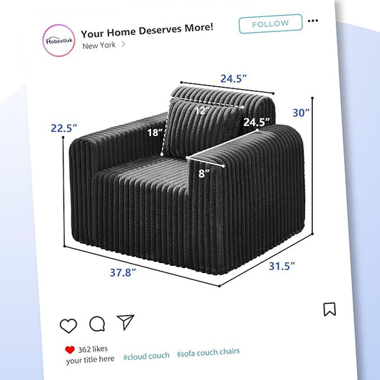 Hobestluk Single Sofa Foam Couch Sofa for Small Spaces Comfy Sofas with Removable Cover Furry Couch with Pillows for Living Room, Bedroom, Apartment, Office (Black, Standard)